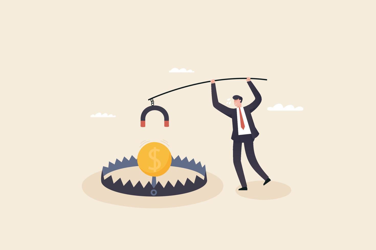 Money trap concept, financial risk metaphor. Businessman trying to reach money trap with dollar coin. vector