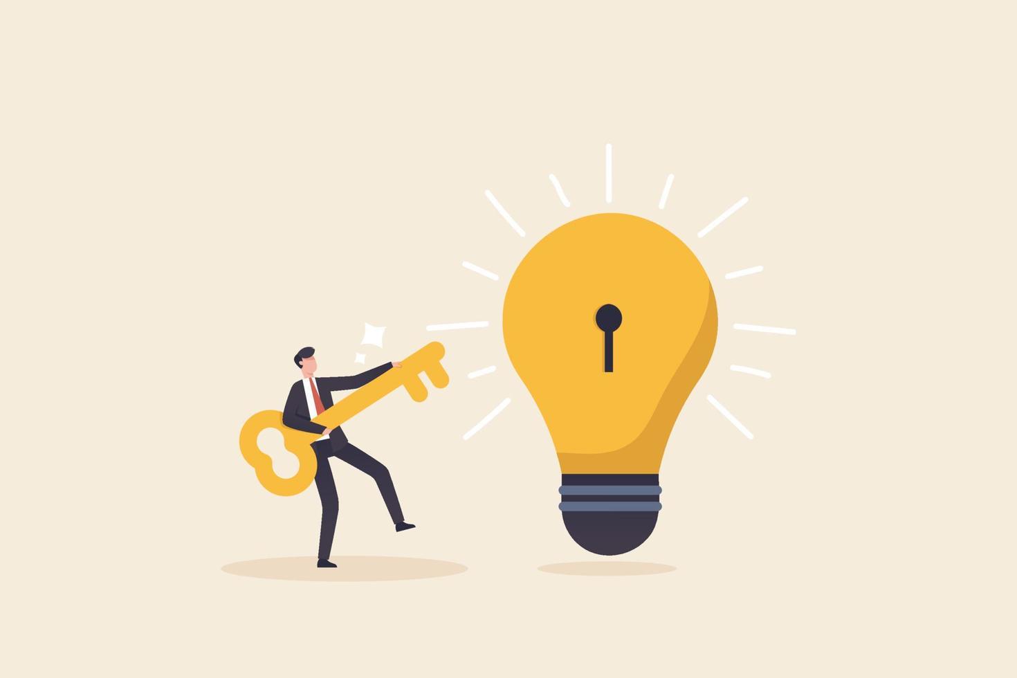 Unlock new business idea, invent new product or creativity concept, Businessman holding golden key about to insert into key hold on lightbulb idea lamp. vector