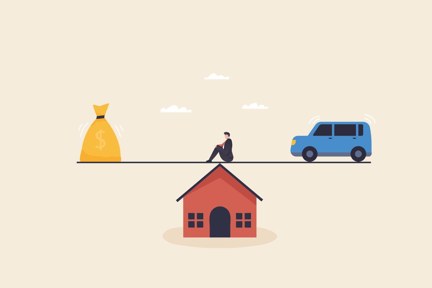 Businessman thinking to loan house and car. Financial and business risk, banking loan and debt risk, stability or balance of economics. vector