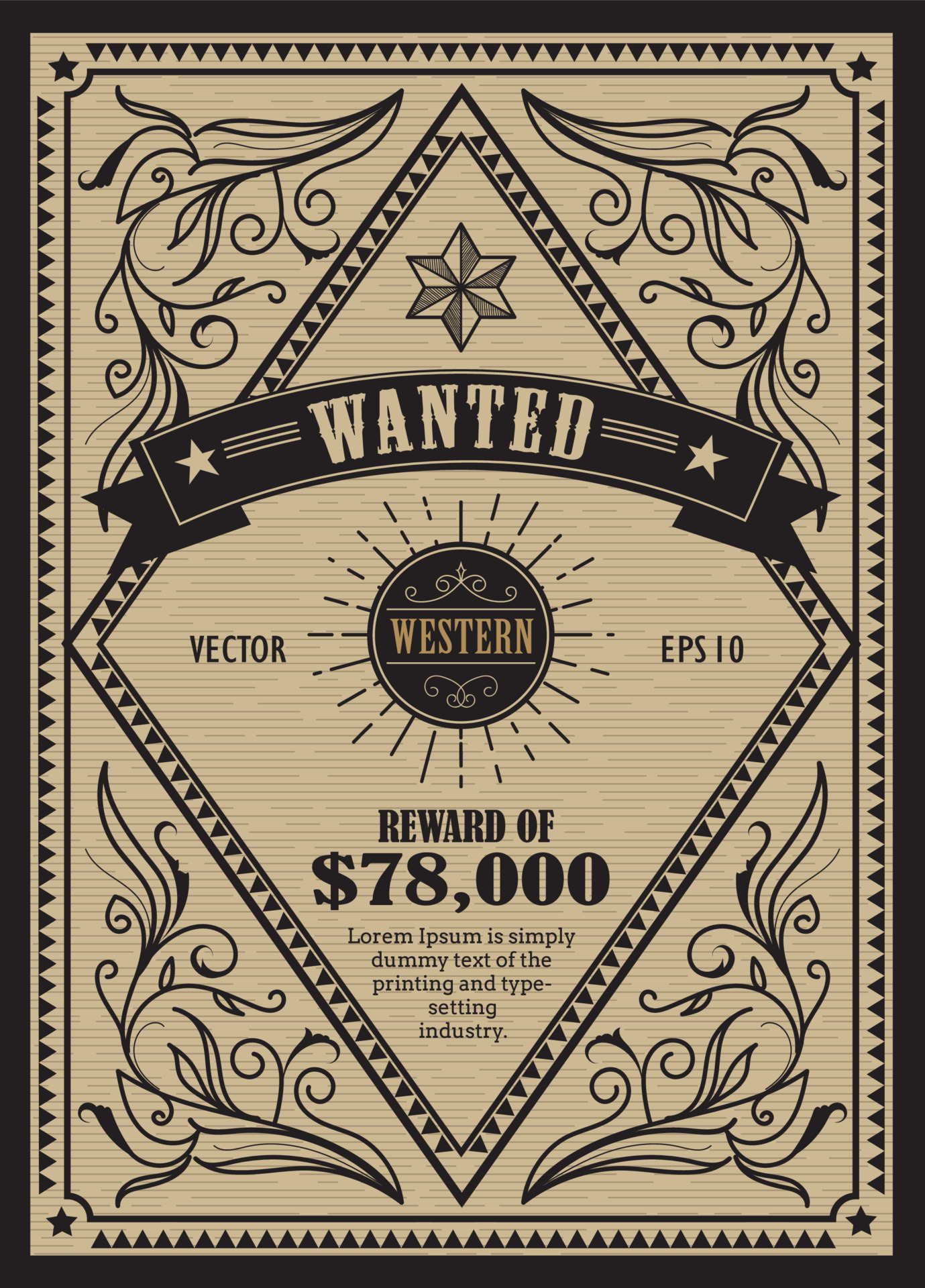 Western vintage frame antique label wanted retro hand drawn vector
