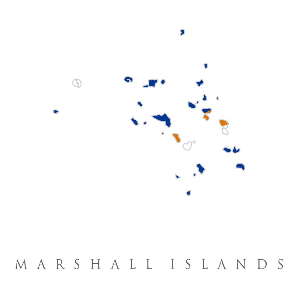 mapa de islas marshall con bandera aislado sobre fondo blanco. un campo azul con dos franjas diagonales de color naranja y blanco y la gran estrella blanca. con nombre texto república de las islas marshall. vector