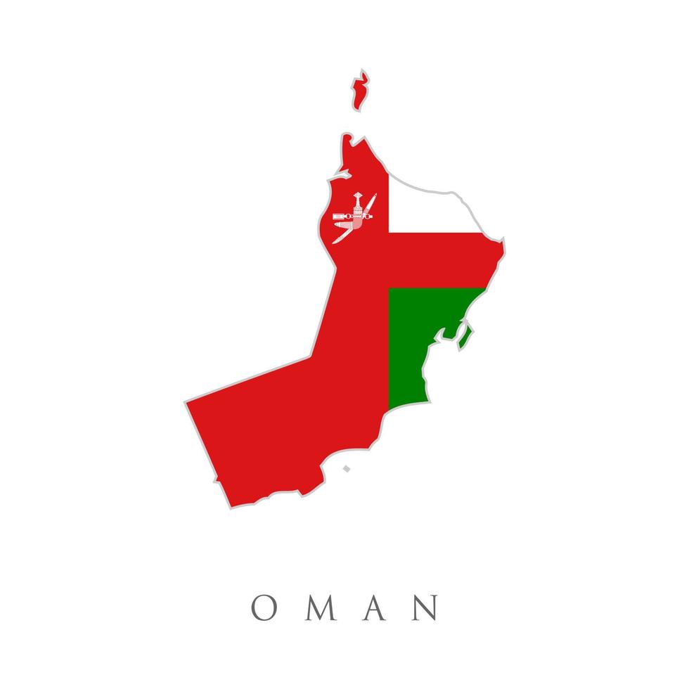 bandera del sultanato de omán superpuesto en el mapa de contorno aislado sobre fondo blanco. mapa de oman con bandera vector