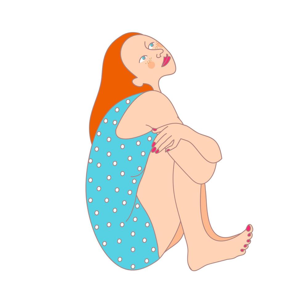 A young girl. A red-haired barefoot girl sits and dreams vector