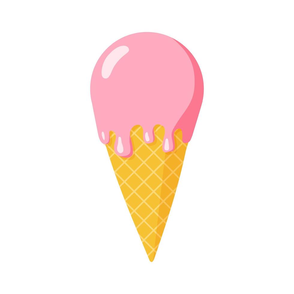 Melting strawberry ice cream in waffle cone. Flat style Isolated vector illustration for web design or print