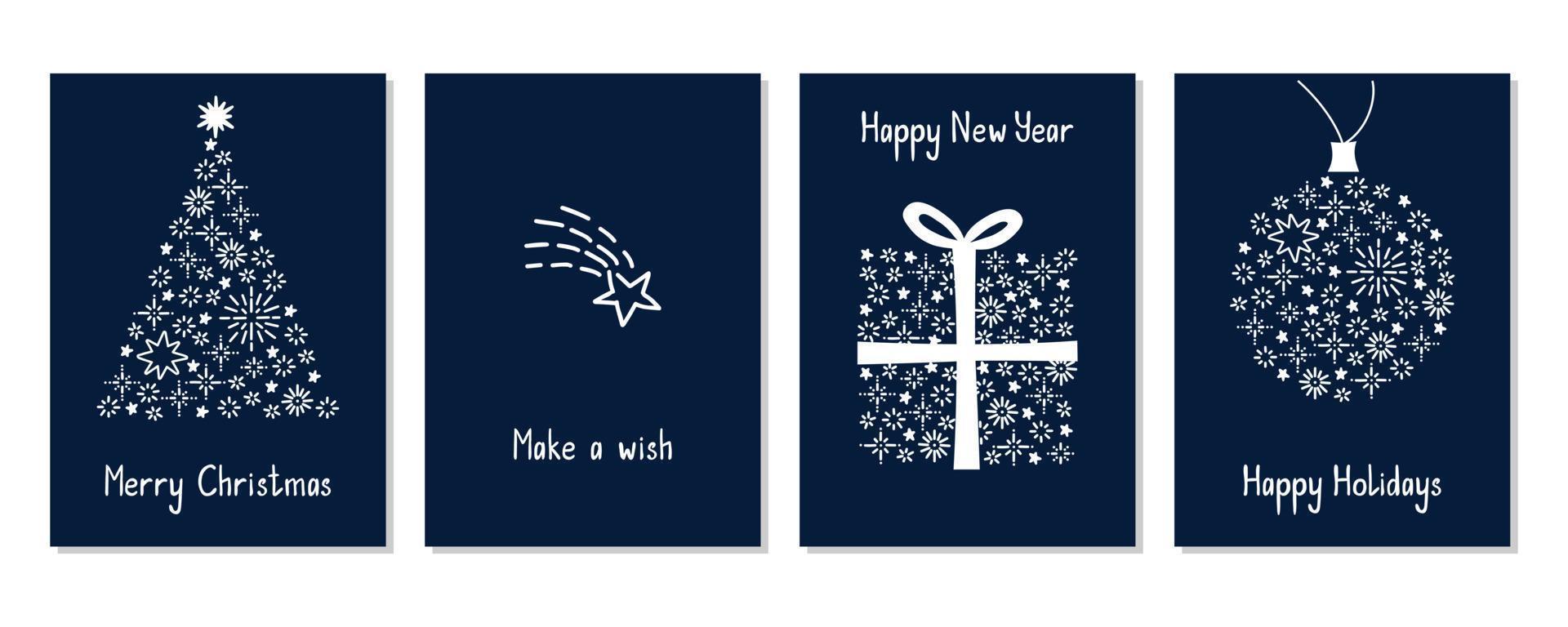 Christmas and New Year Set of Greeting Cards, Posters, Xmas Covers. Holiday design with stars and snowflakes on dark blue background in modern line art style. Vector illustration