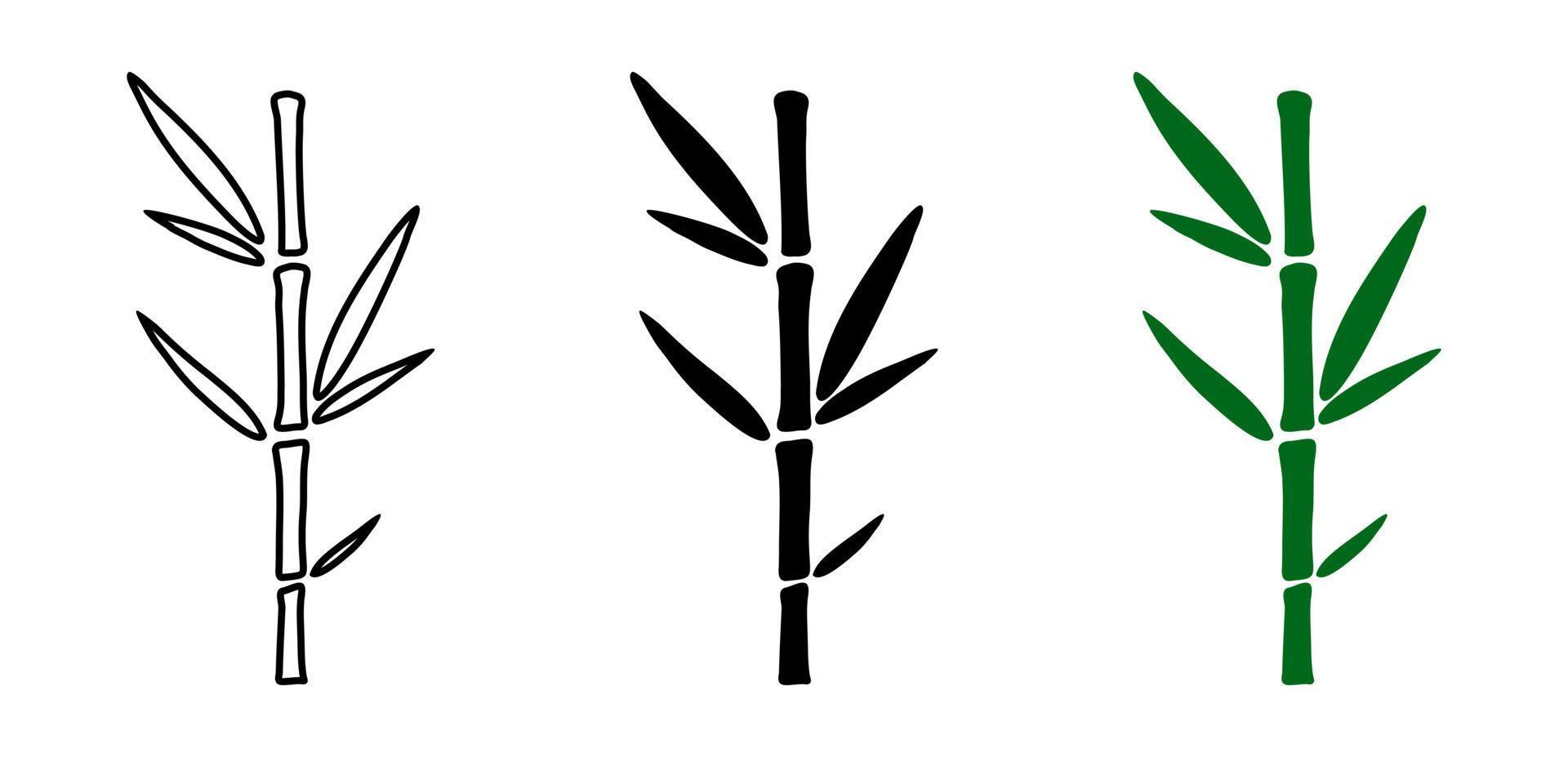 conjunto de plantas de bambú dibujadas a mano. contorno negro, silueta y bambú sólido en diseño minimalista. ilustración vectorial estilo garabato vector