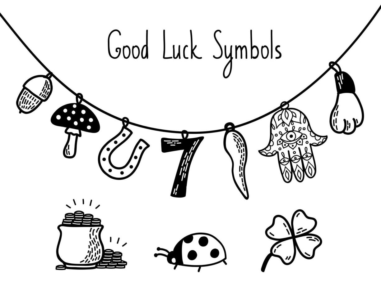 Good Luck Symbols Set. European and Asian talismans and charms contour vector illustration. Symbols of success and prosperity