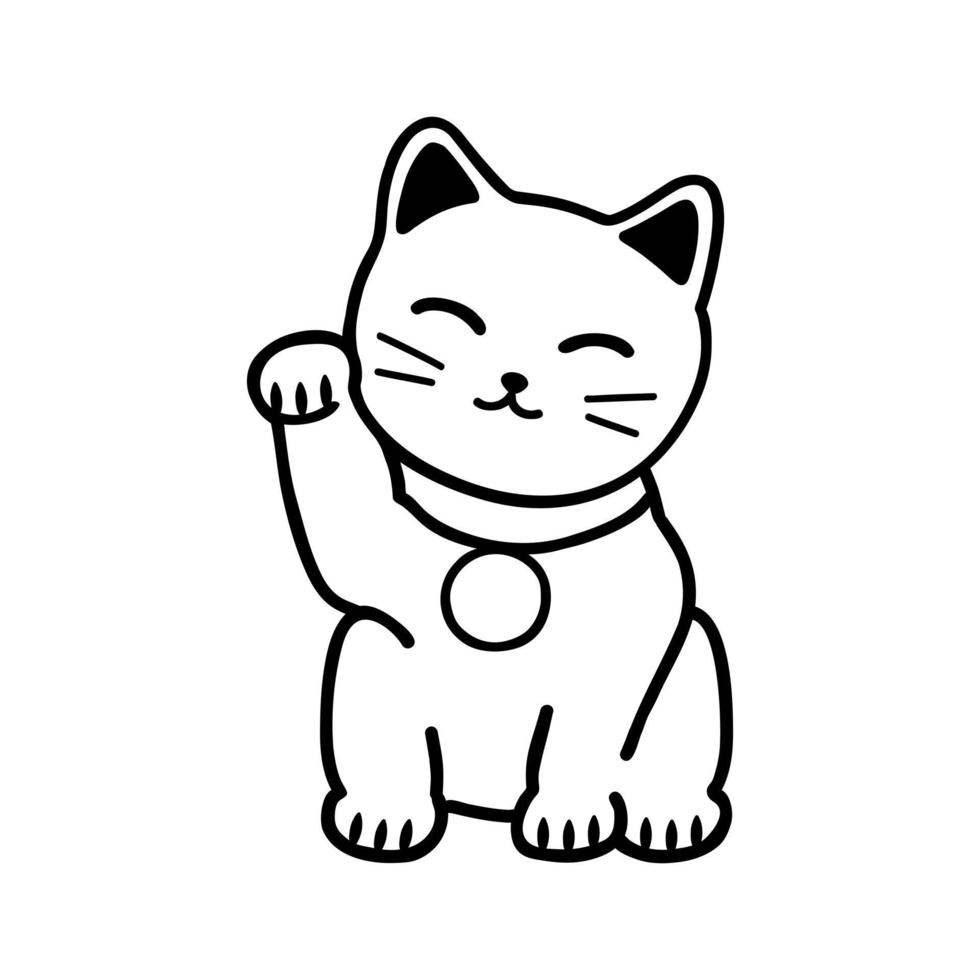 Japanese cat Maneki Neko. Symbol of good luck and fortune. Doodle style vector illustration