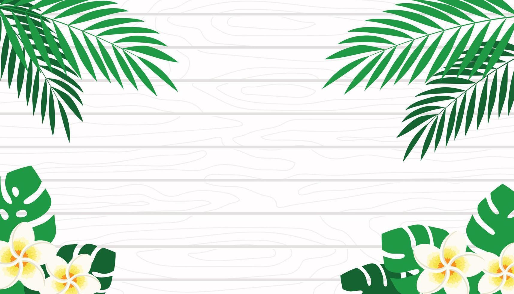 White wooden texture with tropical leaves and flowers background, copy space. Vector illustration