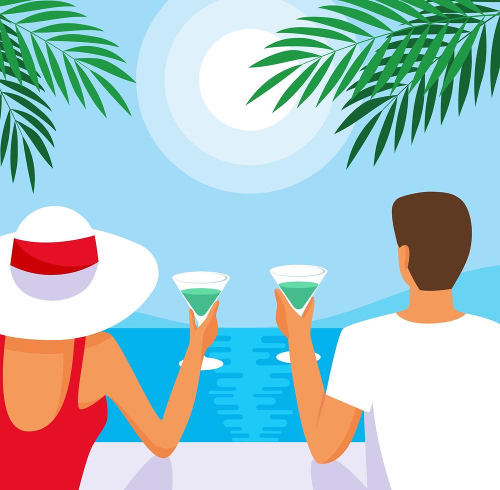 Young couple with cocktails on the tropical beach spending summer time. Back view of man and woman watching the seaside. Sunny summer vacation card or poster vector illustration