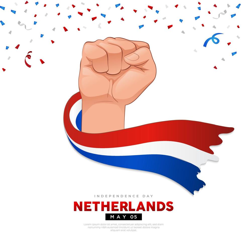 celebración del fondo del día de la independencia de los países bajos con la mano y la bandera. Ilustración de vector de países bajos de bandera de onda. vector de fondo del día de la independencia de holanda