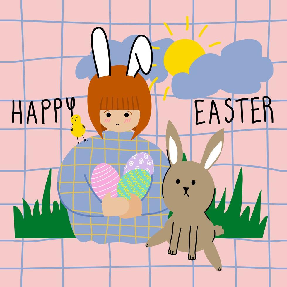 Easter poster. Eggs and bunnies on Easter. Illustration for decoration. Seamless striped background. vector