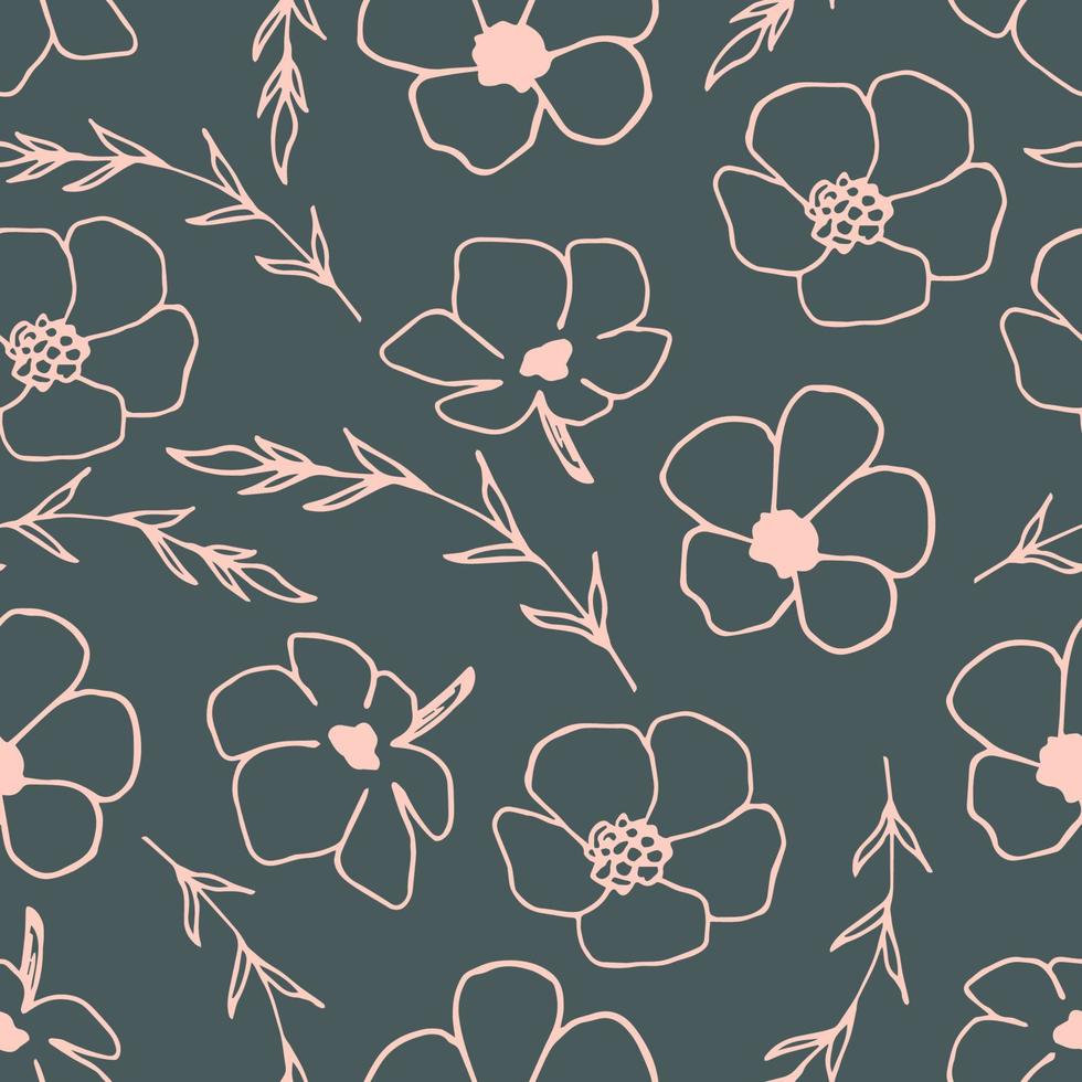 Gentle calm floral seamless vector pattern in vintage style. Hand drawn light pink outline of small flowers, twigs on a gray-green background. For prints of fabric, clothing, textiles.