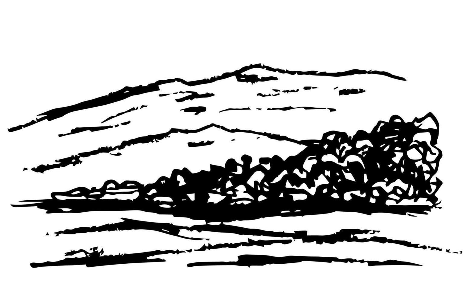 Hand drawn vector simple charcoal pencil drawing. Nature, landscape, trees, bushes, outlines of mountains on the horizon. Engraving style, countryside, wildlife.
