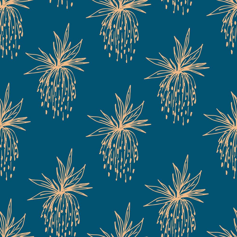 patrón transparente de vector floral abstracto simple. contorno beige claro dibujado a mano de una flor, hojas sobre un fondo azul. para estampados de tela, productos textiles, papel pintado, ropa.