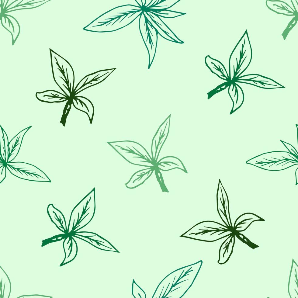 Hand-drawn floral gentle vector seamless pattern. The contour of green leaves of various shapes and colors on a light background. For prints of fabric, textile, packaging, clothing.
