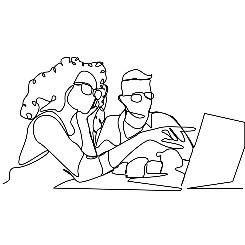 continuous line drawing of a group of business people having discussions in the conference room. A young professional business team is talking about a new project. vector