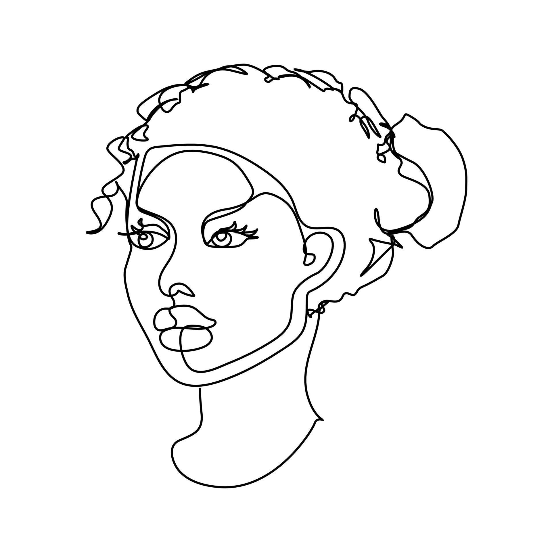 Abstract woman face with wavy hair. Black and white hand drawn line art