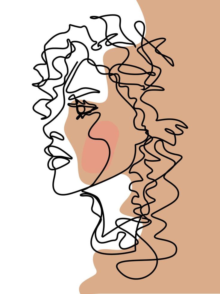 continuous line beautiful haired woman curly hair vector