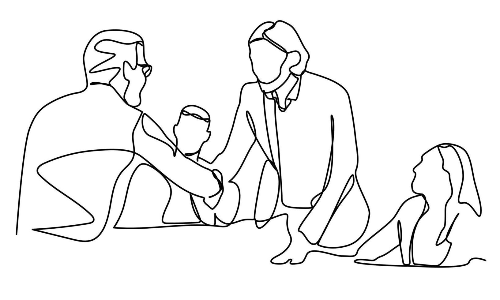 continuous line drawing of a group of business people having discussions in the conference room. A young professional business team is talking about a new project. vector