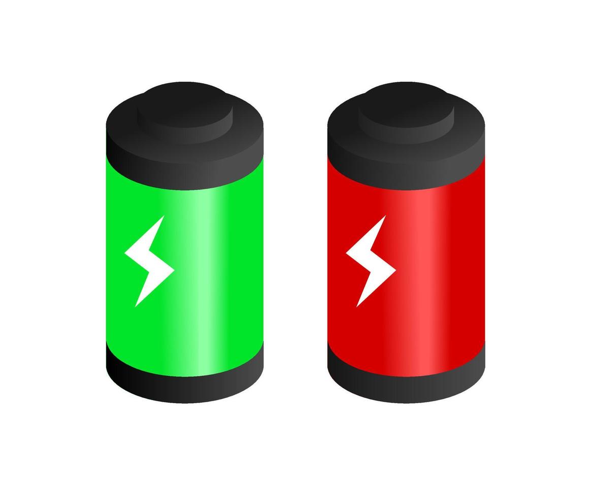 icono de energía de la batería 3d isométrico con gradiente para tubo de carga verde completo y rojo bajo vector