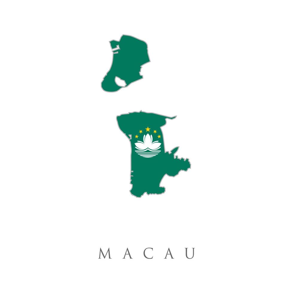 mapa y bandera nacional de macao. contorno del mapa y bandera de macao, verde con agua de loto en blanco y cinco estrellas doradas. mapa de macao con bandera aislado sobre fondo blanco. ilustración vectorial vector