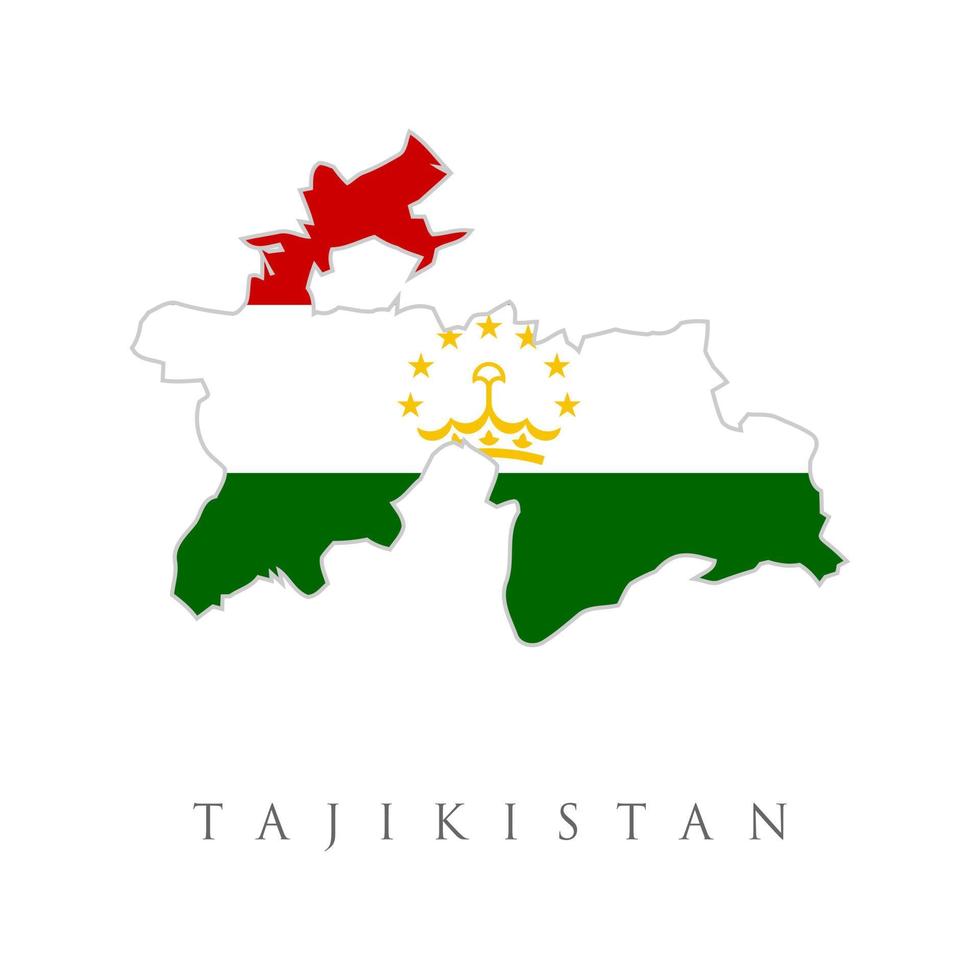 Tajikistan map with national flag. Map outline and flag of Tajikistan, a horizontal tricolor of red, white and green. charged with a crown surmounted by an arc of seven stars. Republic of Tajikistan. vector
