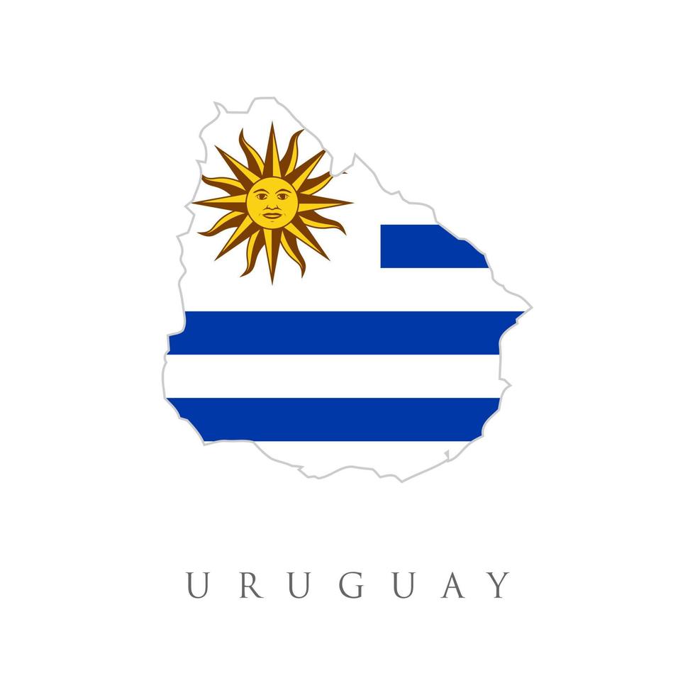 Map of Uruguay with an official flag. South America. Country flag with national emblem Sol de Mayo on white canton and white and blue horizontal stripes. Illustration over white. Vector