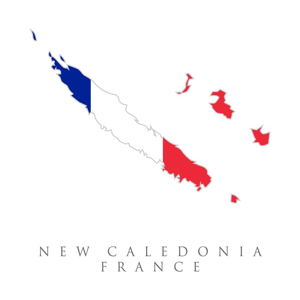 Vector Illustration Flag of New Caledonia France for continue. New Caledonia high resolution map with national flag. Flag of the country overlaid on outline map isolated on white background.