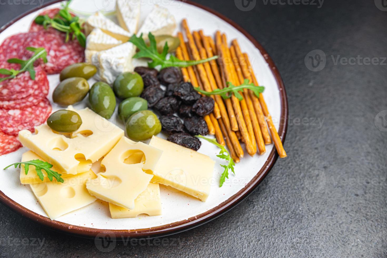 cheese plate snack sausage, olive, bread stick fresh appetizer meal food photo