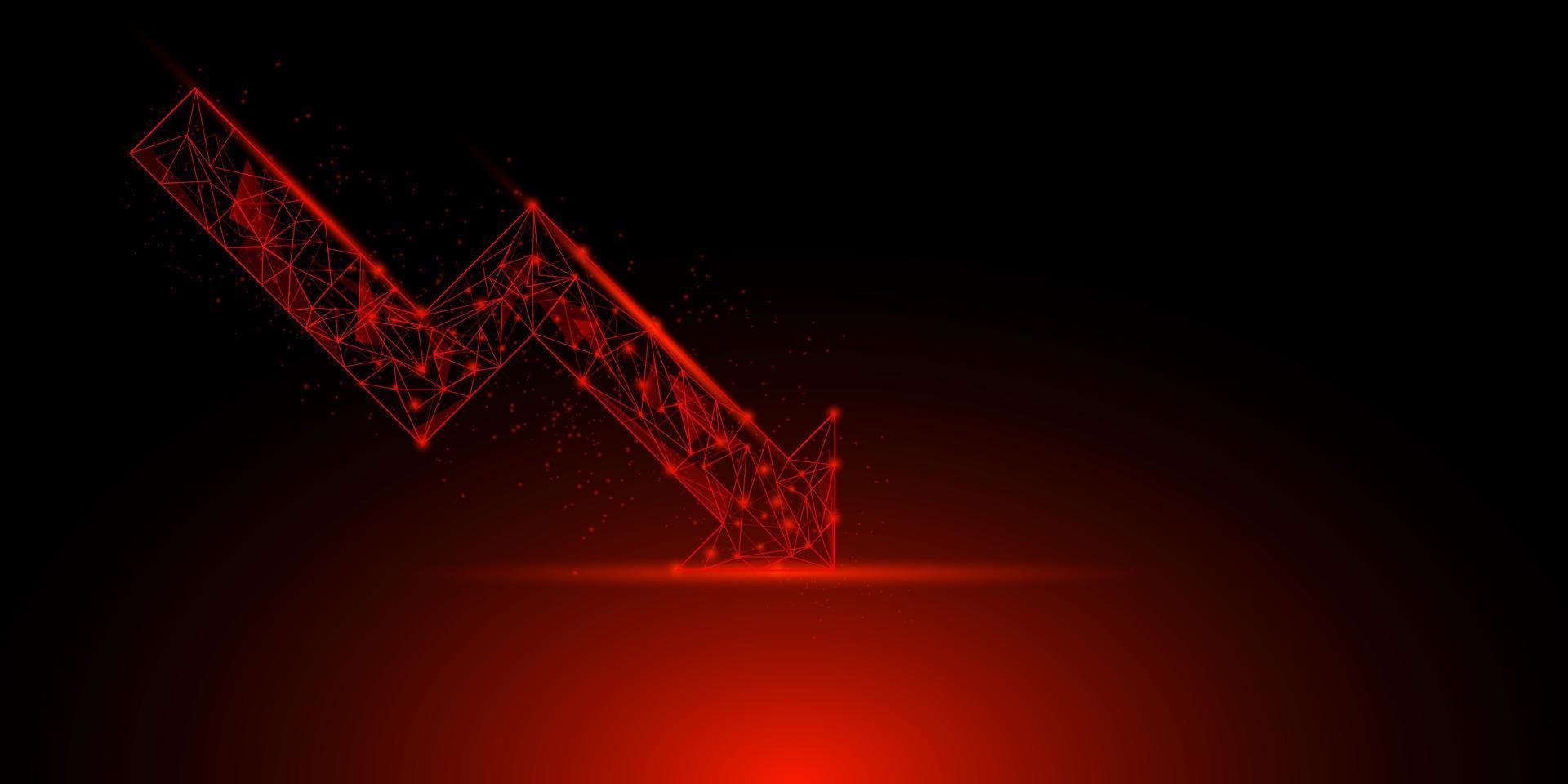 Economic critical crisis concept. A low polygon with a wireframe of the lower arrow and shiny red background. Recession financial, cryptocurrency, gold, and the stock market. Losing money and cash. vector