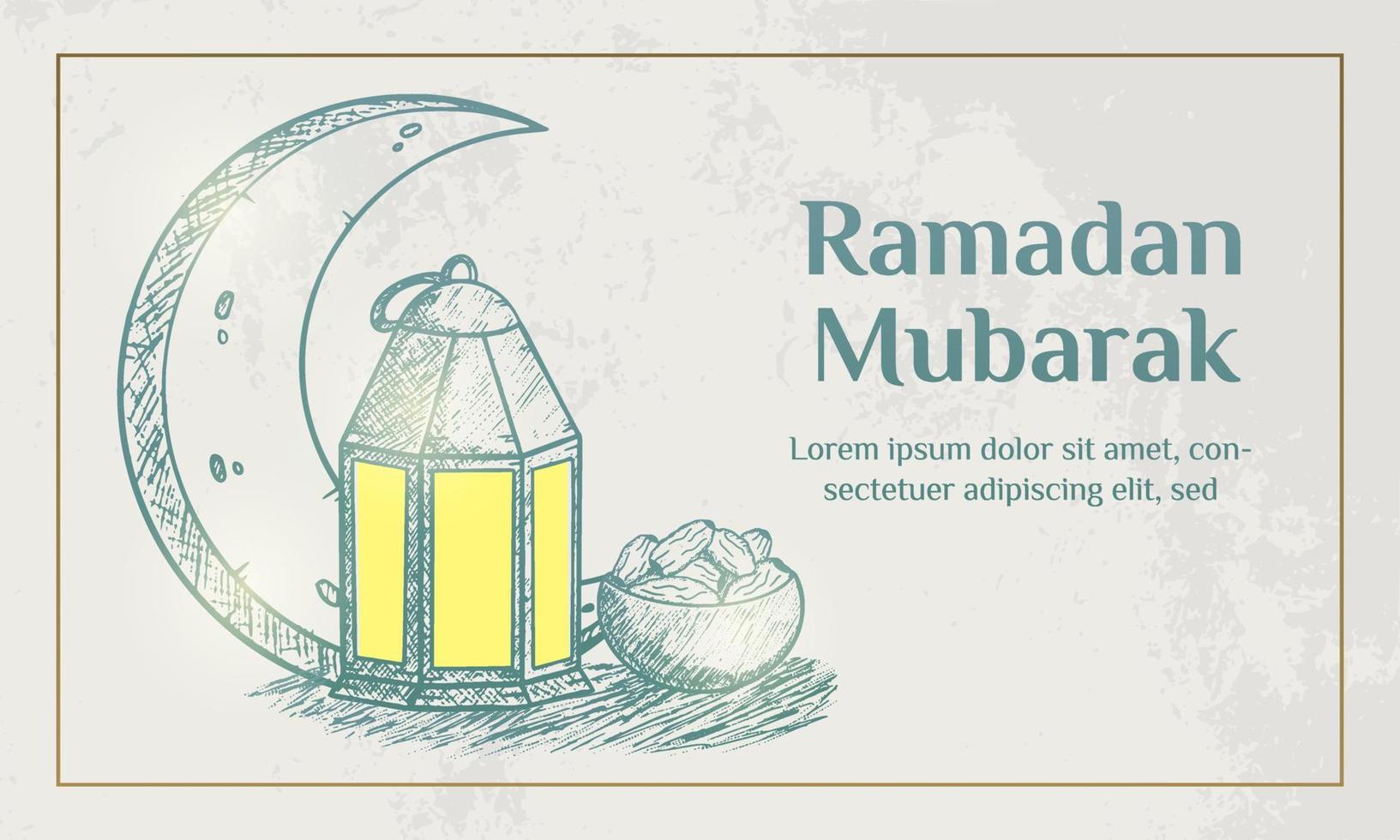 Ramadan Kareem Illustration With Crescent Moon And Lantern Concept. Hand Drawn Sketch Style vector