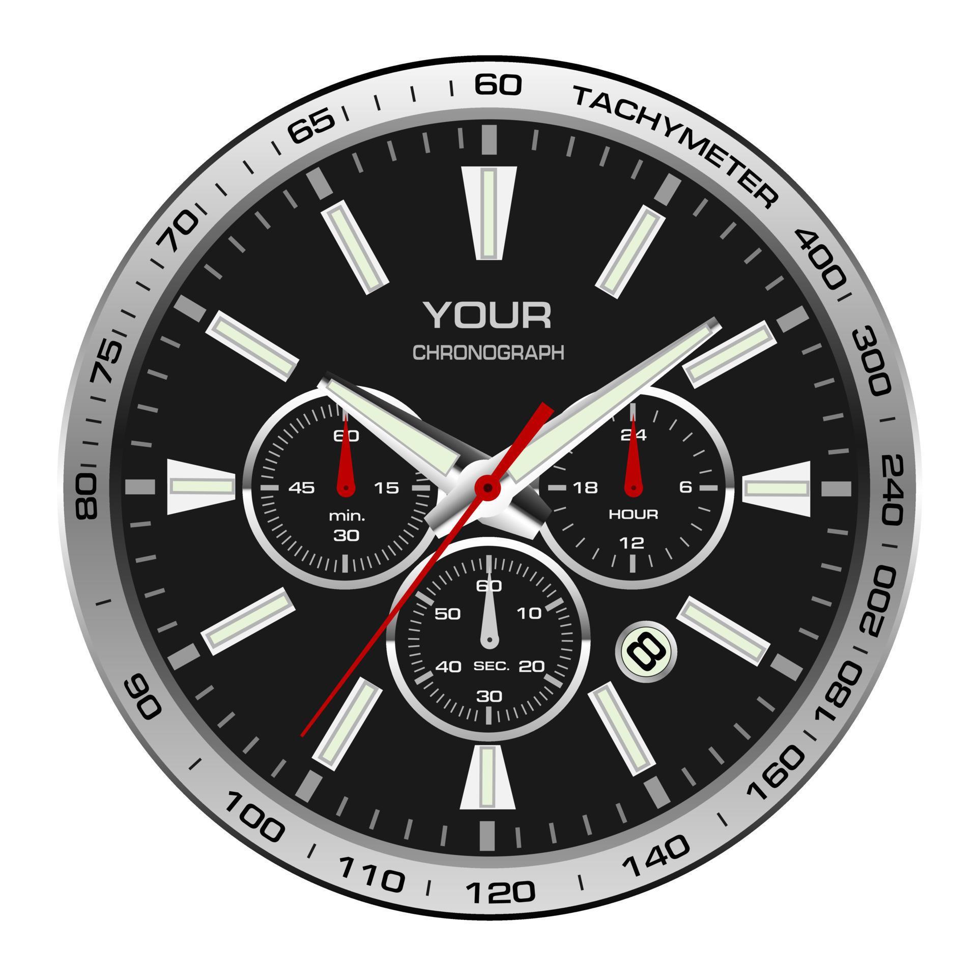 Realistic wristwatch face black steel chronograph luxury for men on