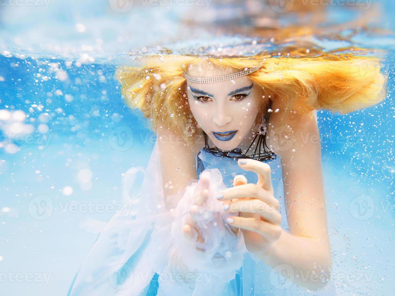 Underwater fashion portrait of beautiful blonde young woman in blue dress photo