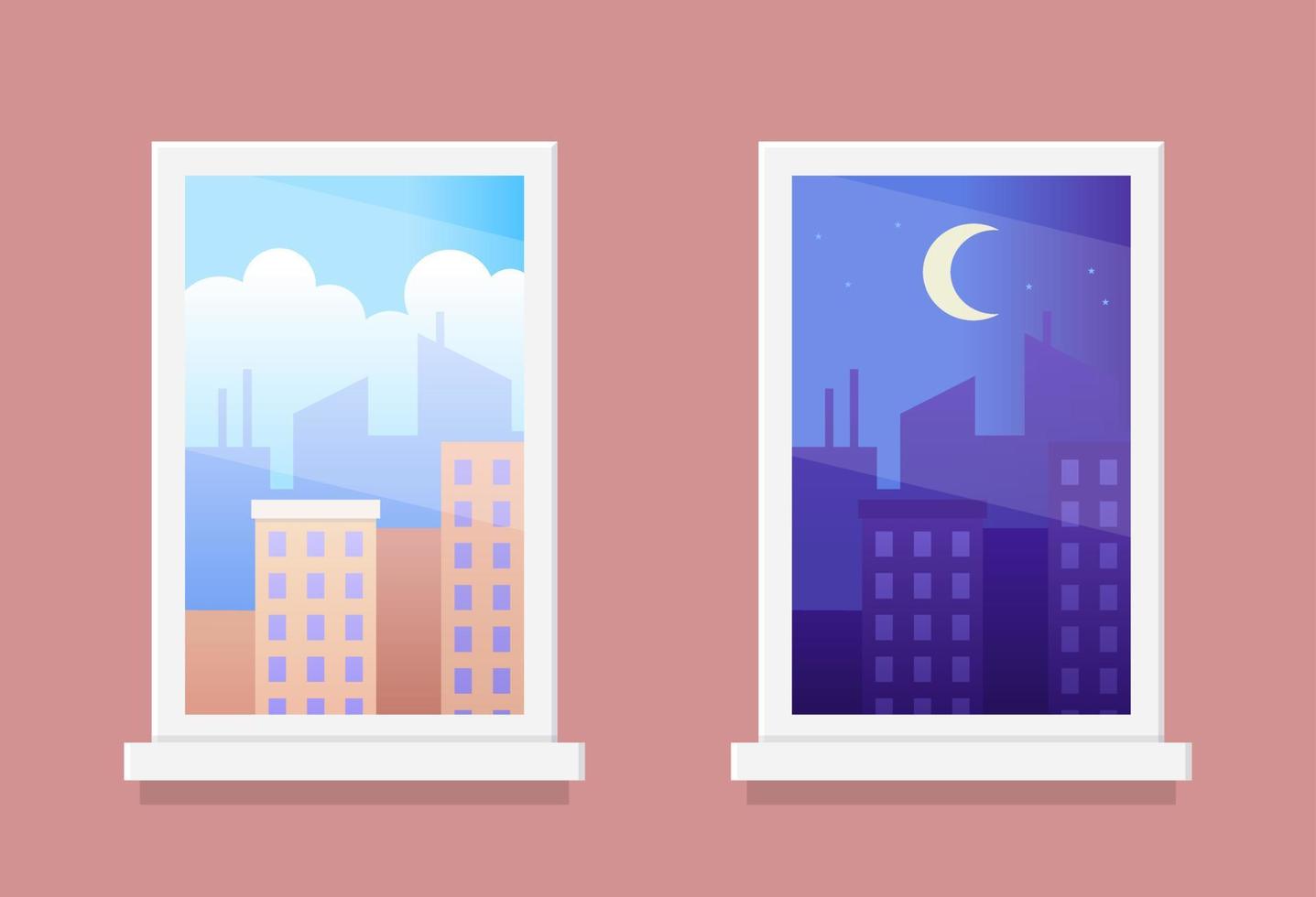 ventanas con paisajes de la ciudad de día y de noche vector