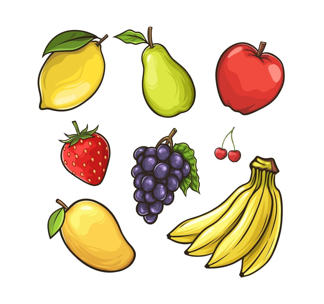 conjunto de estilo de dibujos animados de frutas. aislado sobre fondo blanco. vector