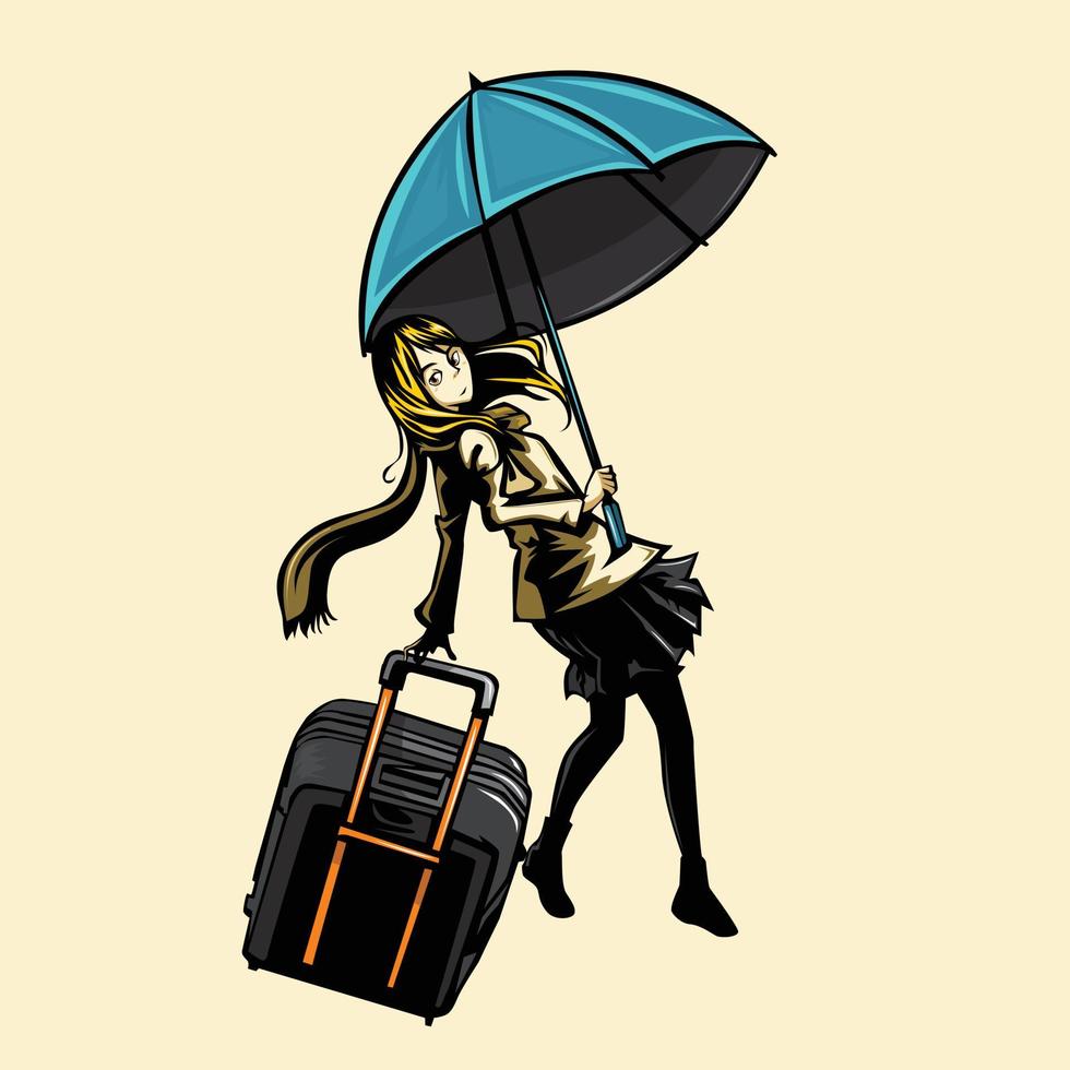 Vector illustration of anime character carrying umbrella