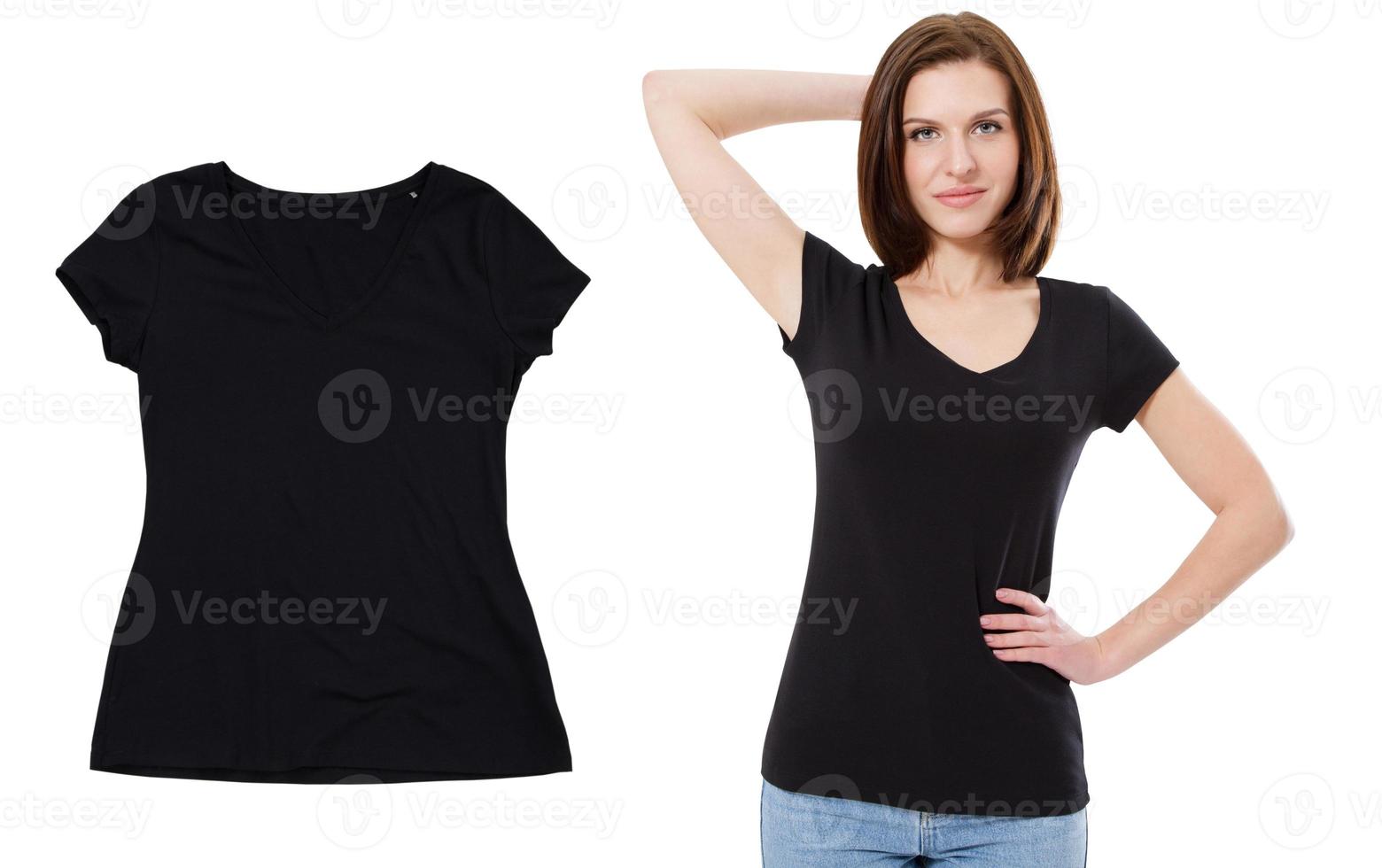 Black T-shirt set mock up isolated on white background. Girl lady t shirt mock up photo