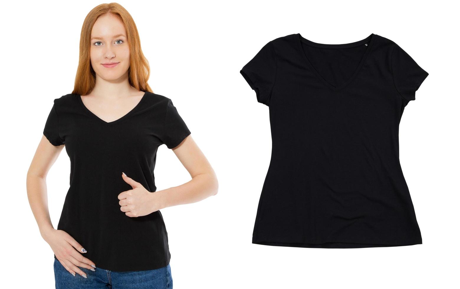 T-shirt design and people concept - close up of young red hair woman in blank black t-shirt, shirt front and rear isolated. T shirt close up photo