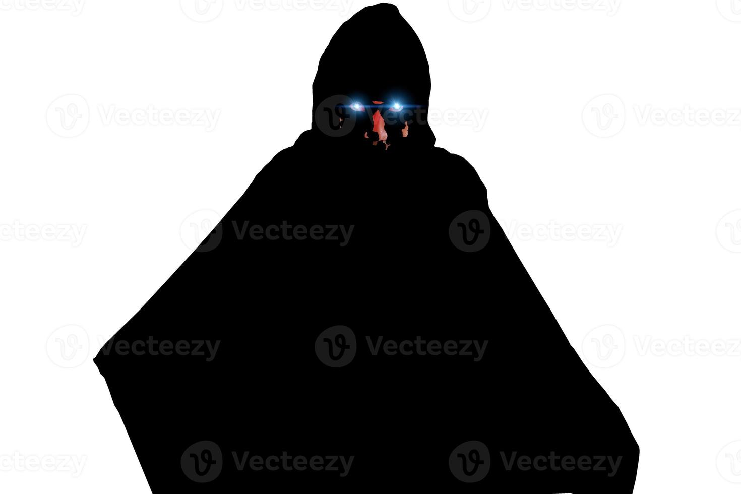 Portrait of an anonymous man, hacker wearing black suit and mask over white background with clipping path. photo