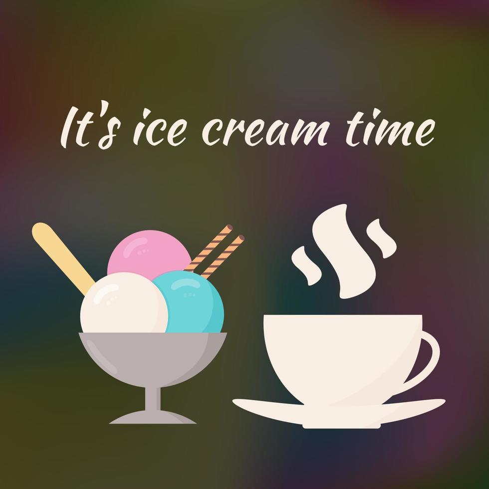 helado y taza de café sobre fondo degradado oscuro y borroso. ilustración vectorial banner para cafetería y restaurante. plantilla de diseño para sitios web y redes sociales. vector