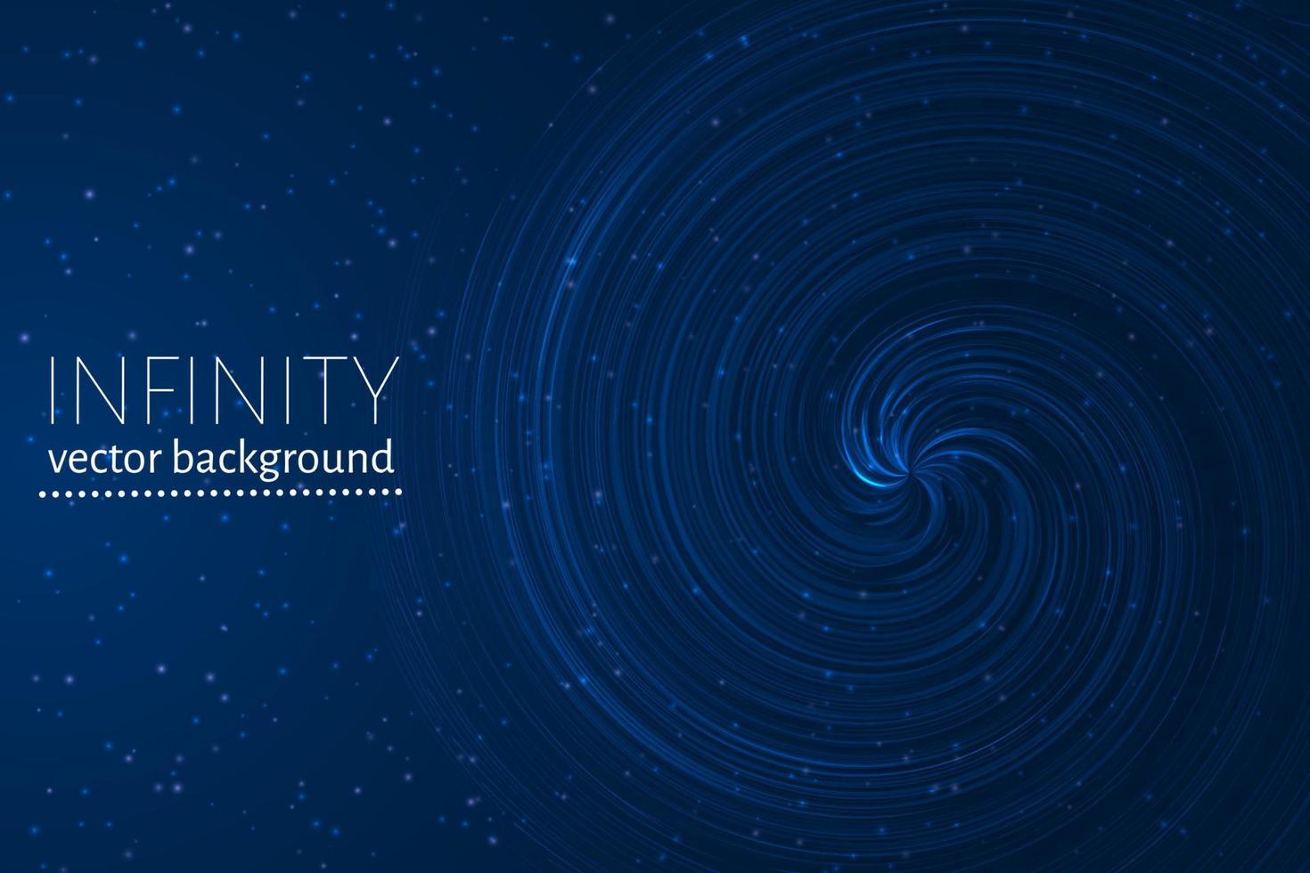 Dark blue wavy space background. Glowing spiral cosmic banner. Infinity vector illustration. Easy to edit design template.