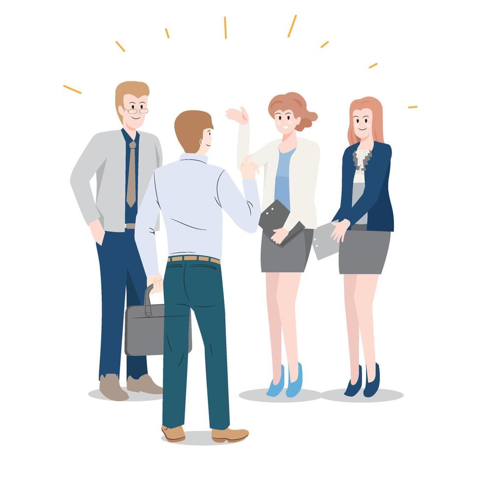 4 of coworkers meeting and chatting together flat vector illustration on white background