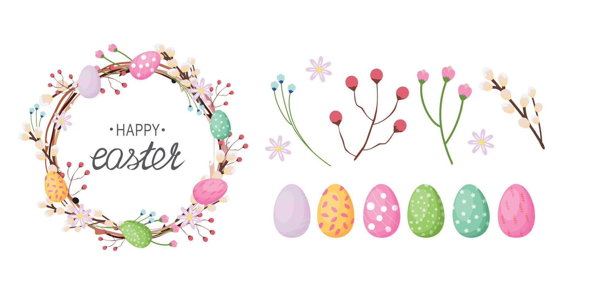 Colourful Easter wreath with painted eggs and plants. Spring design elements for any decorative project to Easter. Vector illustration.