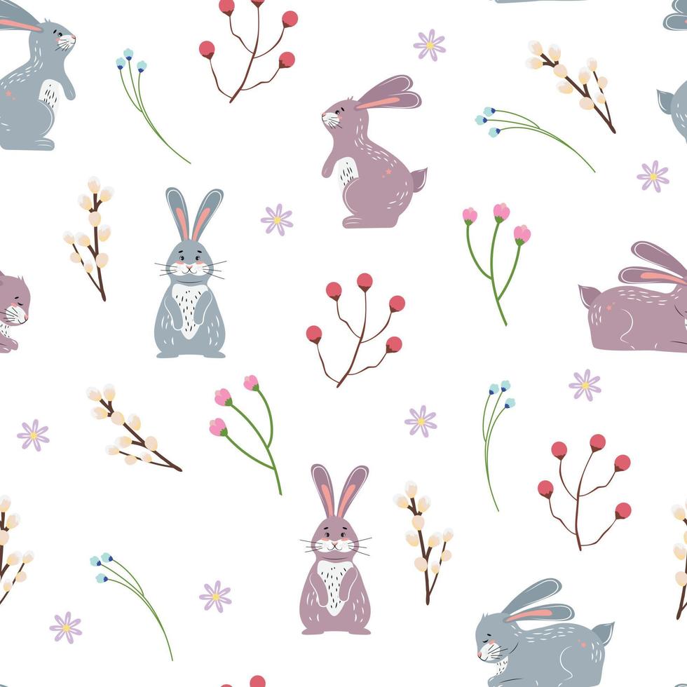 Seamless pattern with cute bunnies and willow branches. Beautiful pattern with rabbits and plants. For textile, wrapping paper, packaging. Vector pattern.