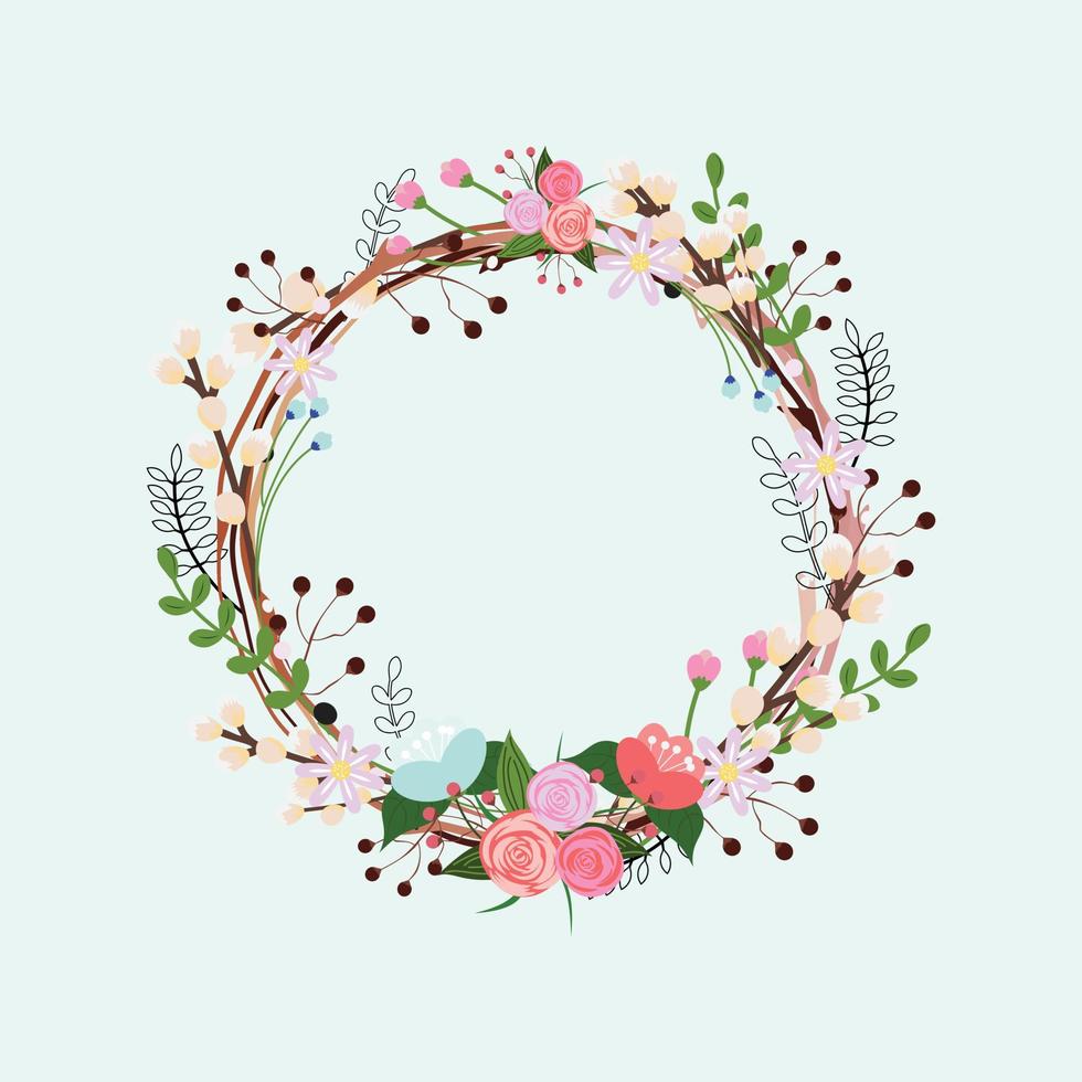 Beautiful spring wreath with flowers, leaves, berries and willow branches. For cards, posters, prints, advertisements. Vector illustration.