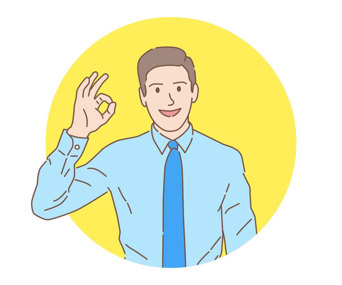 Smiling young businessman with OK hand gesture, cartoon hand drawn with thin stroke, vector illustration
