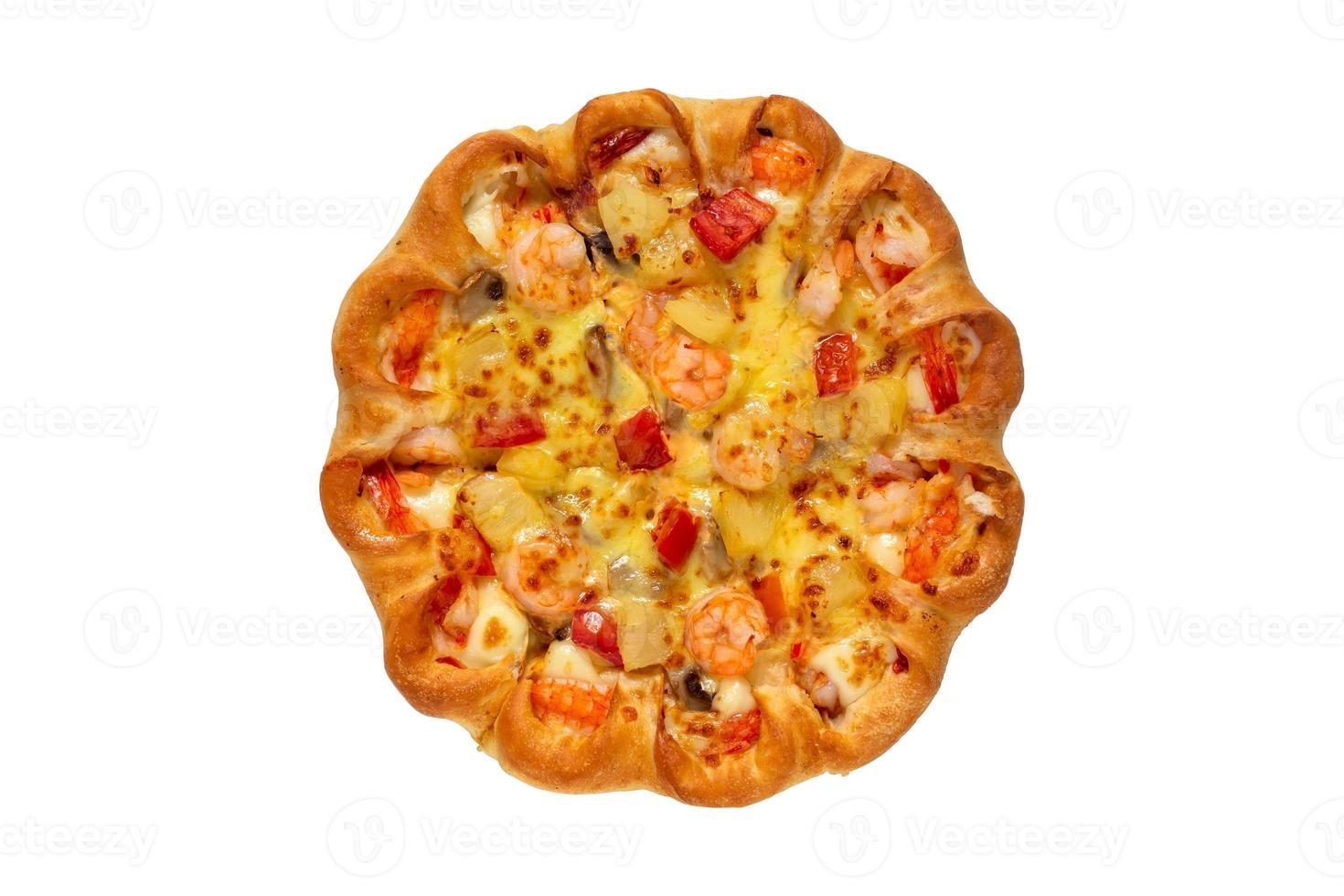 Cheesy shrimp crust pizza isolated on white background with clipping path. Top view. photo