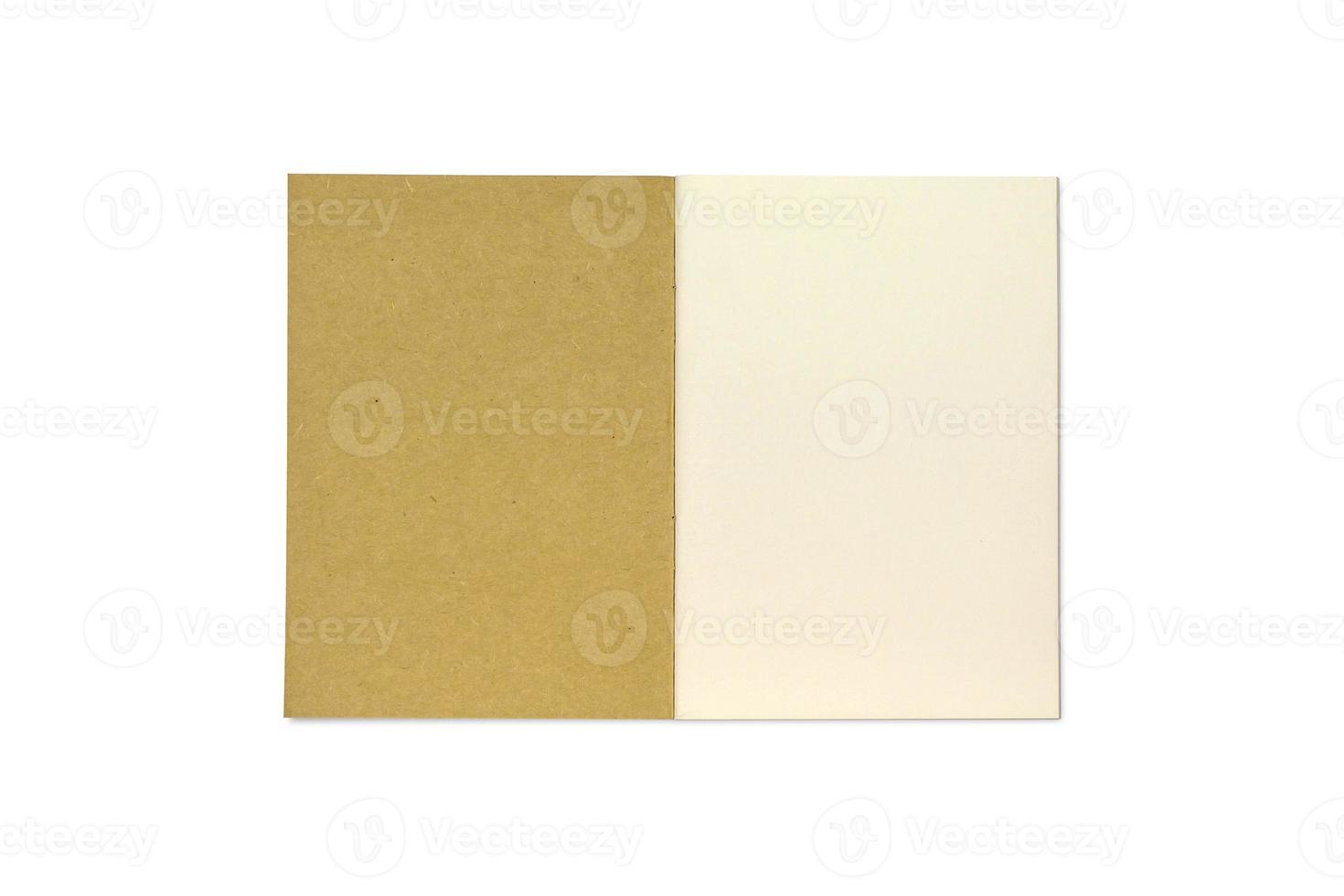 Brown hardcover notebook is open a blank page. Blank book isolated on white background with clipping path. Top view. photo