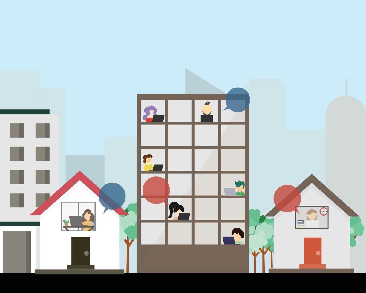 hybrid workplace with employees working from both office and home vector
